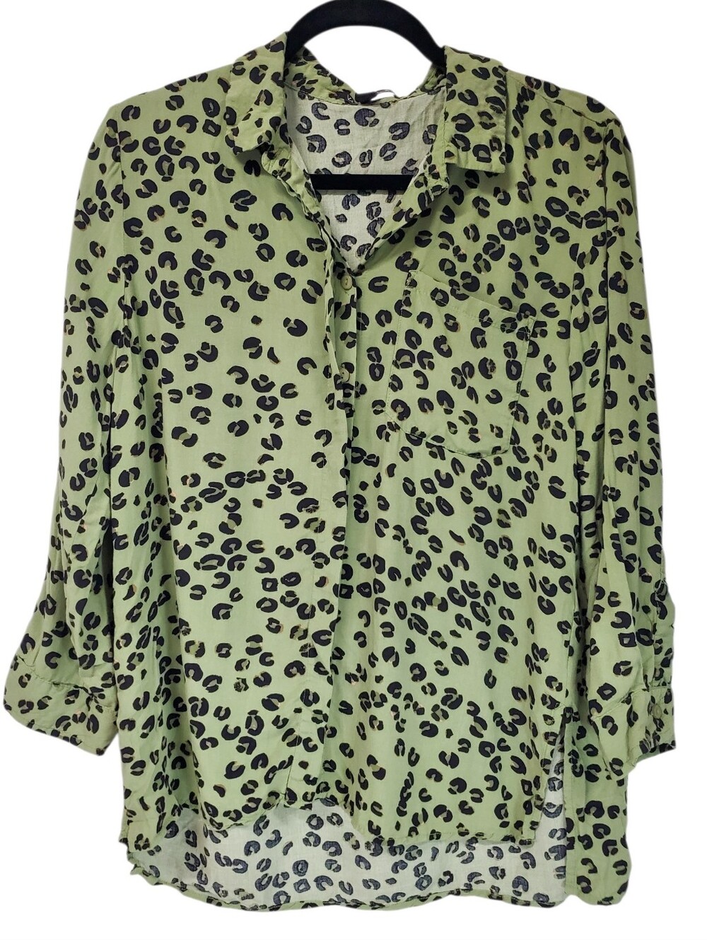 Office Siren Business Casual Cheetah Leopard Print Green Button Down Blouse M